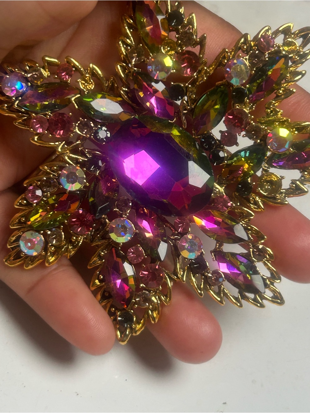Gold-Tone Pink Multicolor Crystal Starburst Brooch